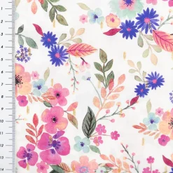 Viskose Stoff Lurex Digital Flowers weiß rosa gold 1,43m Breite