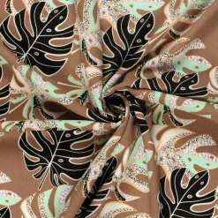 Viskose Stoff mit 30% Leinenanteil Monstera Blätter abstrakt braun mint 134cm Breite