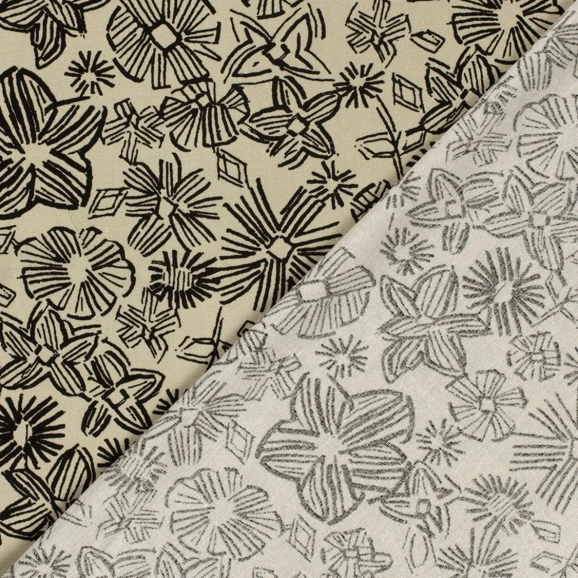 Viskose Stoff mit 30% Leinenanteil abstrakte Blumen natur schwarz 134cm Breite