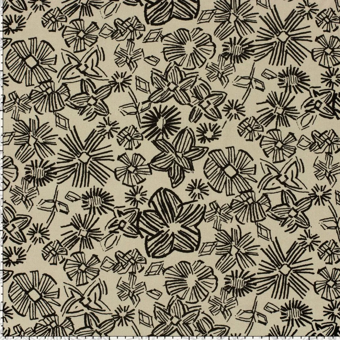 Viskose Stoff mit 30% Leinenanteil abstrakte Blumen natur schwarz 134cm Breite