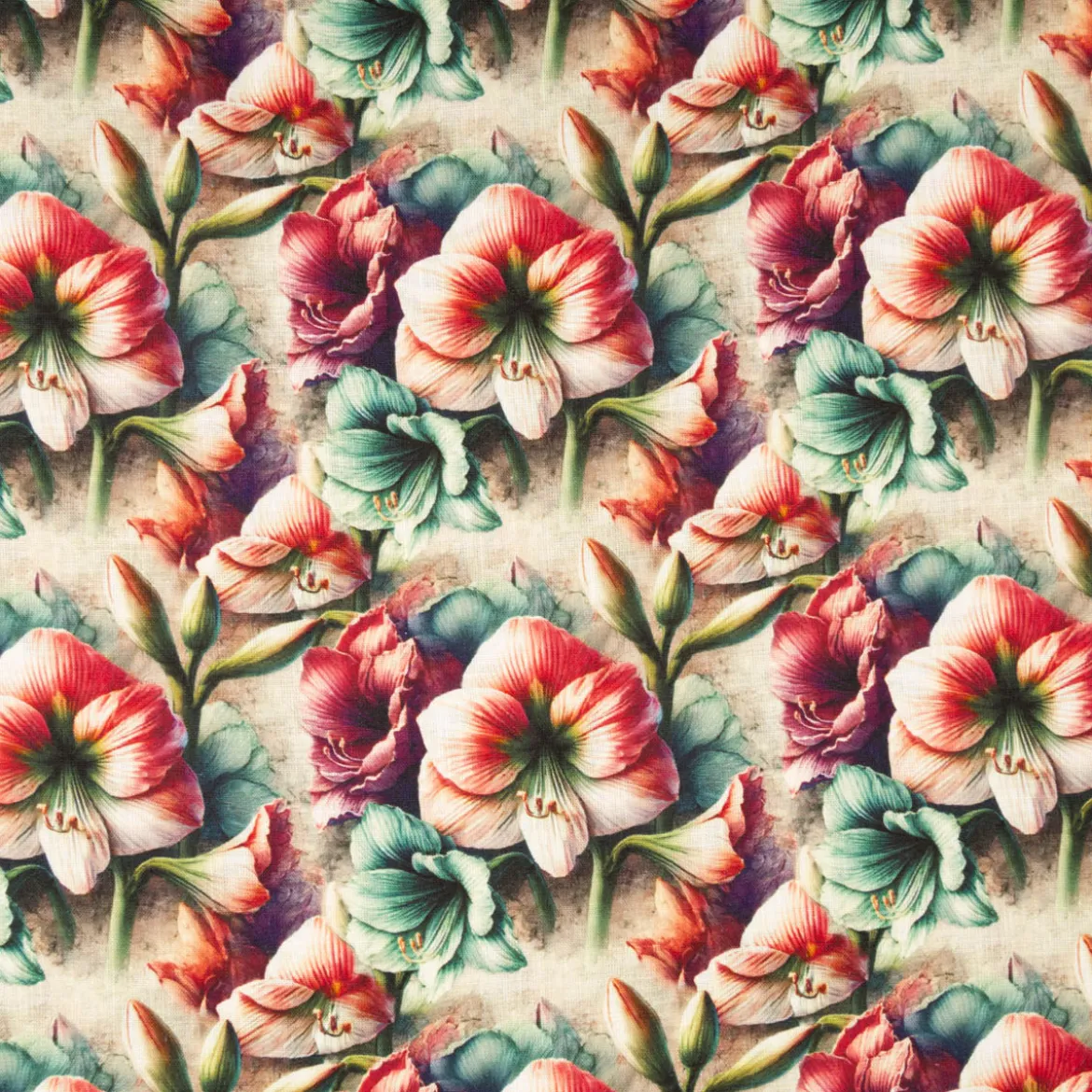 Viskose Stoff mit 42% Leinenanteil Alazela Blumen natur rosa türkis grün 1,43cm Breite
