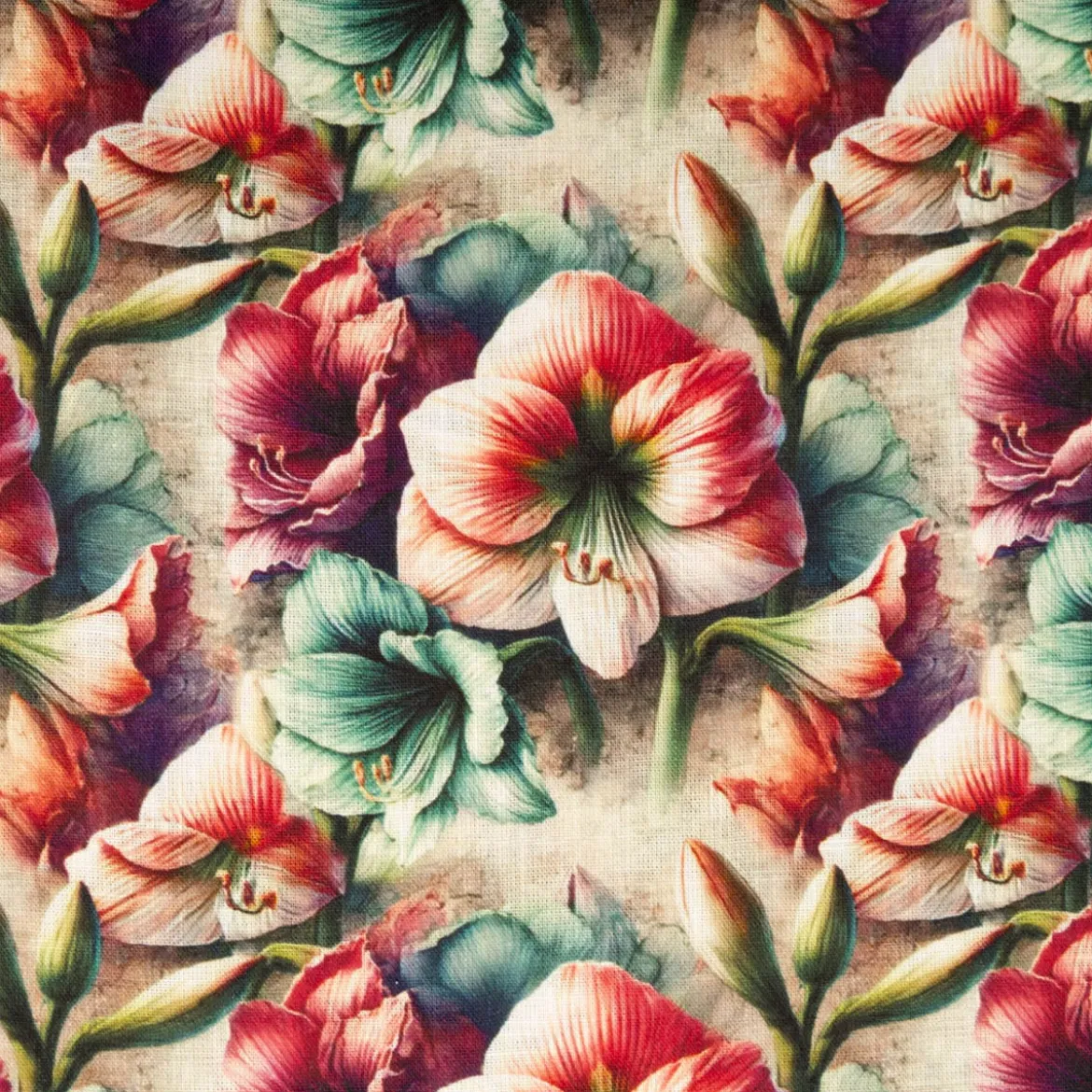 Viskose Stoff mit 42% Leinenanteil Alazela Blumen natur rosa türkis grün 1,43cm Breite