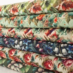 Viskose Stoff mit 42% Leinenanteil Alazela Blumen natur rosa türkis grün 1,43cm Breite