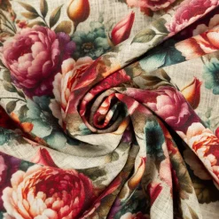 Viskose Stoff mit 42% Leinenanteil Pfingstrosen natur rosa grün 1,43cm Breite