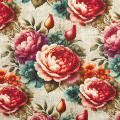 Viskose Stoff mit 42% Leinenanteil Pfingstrosen natur rosa grün 1,43cm Breite