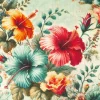 Viskose Stoff mit 42% Leinenanteil Hibiskusblüten pink, türkis, orange 1,43cm Breite