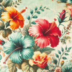 Viskose Stoff mit 42% Leinenanteil Hibiskusblüten pink, türkis, orange 1,43cm Breite