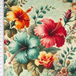 Viskose Stoff mit 42% Leinenanteil Hibiskusblüten pink, türkis, orange 1,43cm Breite