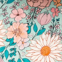 Viskose Stoff mit 42% Leinenanteil Blumen türkis rosa 1,43cm Breite