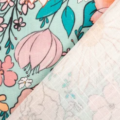 Viskose Stoff mit 42% Leinenanteil Blumen türkis rosa 1,43cm Breite