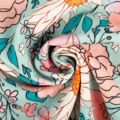 Viskose Stoff mit 42% Leinenanteil Blumen türkis rosa 1,43cm Breite