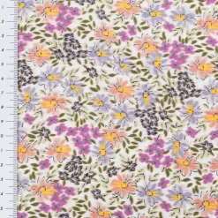 Viskose Stoff Radiance Blumen Blätter Digitaldruck für Bekleidung weiß lila 1,4m Breite