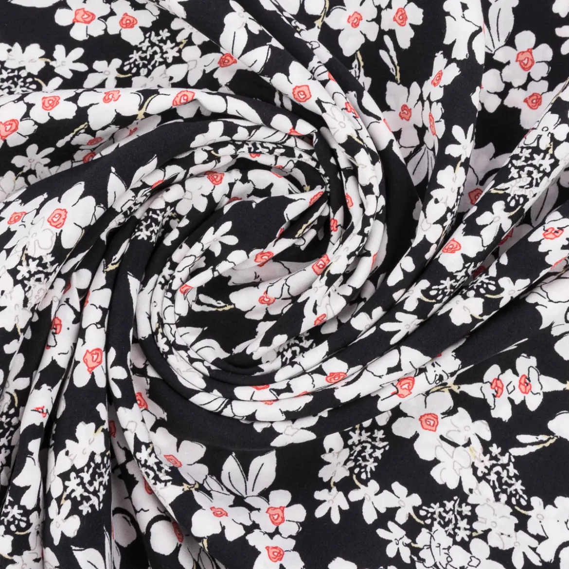 Viskose Stoff Radiance für Bekleidung FLOWERS Blumen schwarz weiß 1,4m Breite