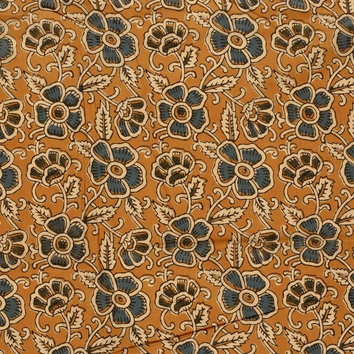 Voile Stoff Batik Blumen ocker blaugrau 1,45m Breite