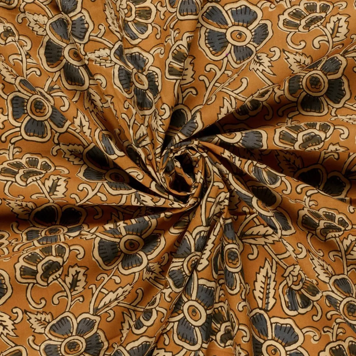 Voile Stoff Batik Blumen ocker blaugrau 1,45m Breite