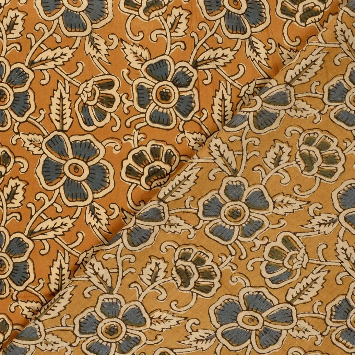 Voile Stoff Batik Blumen ocker blaugrau 1,45m Breite