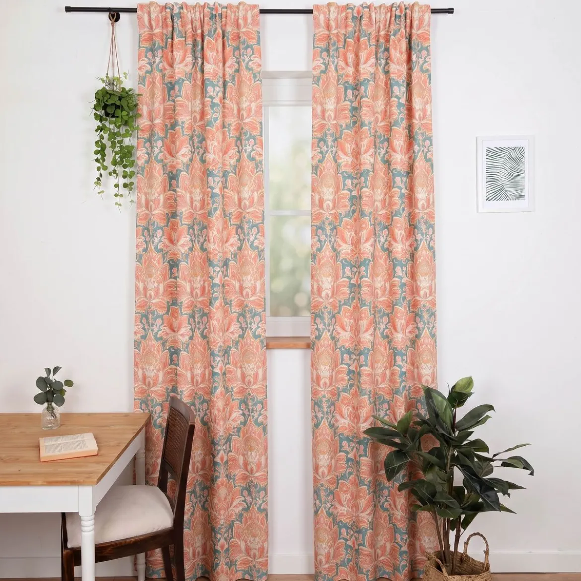 Vorhang Baumwolle Blumenornamente rosa petrol mit Smok-Schlaufenband 245x130cm (HxB) oder Wunschmaß von SCHÖNER LEBEN.