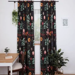 Vorhang Baumwolle Blumen Palmenblätter schwarz bunt mit Smok-Schlaufenband 245x130cm (HxB) oder Wunschmaß von SCHÖNER LEBEN.