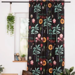 Vorhang Baumwolle Blumen Palmenblätter schwarz bunt mit Smok-Schlaufenband 245x130cm (HxB) oder Wunschmaß von SCHÖNER LEBEN.