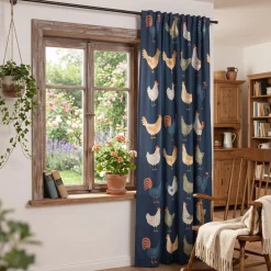 Vorhang Baumwolle Hühner dunkelblau bunt Landhaus mit Smok-Schlaufenband 245x130cm (HxB) oder Wunschmaß von SCHÖNER LEBEN.