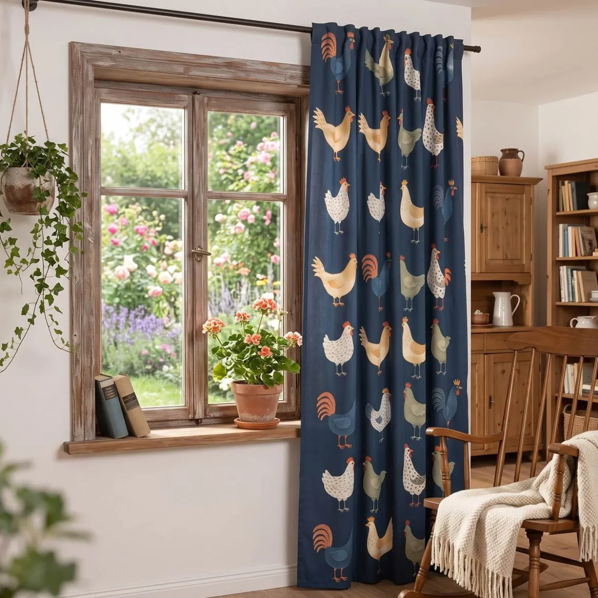 Vorhang Baumwolle Hühner dunkelblau bunt Landhaus mit Smok-Schlaufenband 245x130cm (HxB) oder Wunschmaß von SCHÖNER LEBEN.
