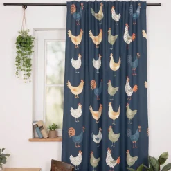 Vorhang Baumwolle Hühner dunkelblau bunt Landhaus mit Smok-Schlaufenband 245x130cm (HxB) oder Wunschmaß von SCHÖNER LEBEN.