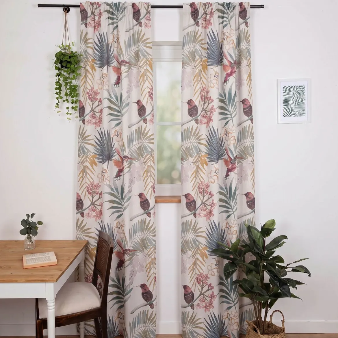 Vorhang Baumwolle Kolibri Blumen Blätter weißgrau petrol aubergine mit Smok-Schlaufenband 245x130cm (HxB) oder Wunschmaß von SCHÖNER LEBEN.