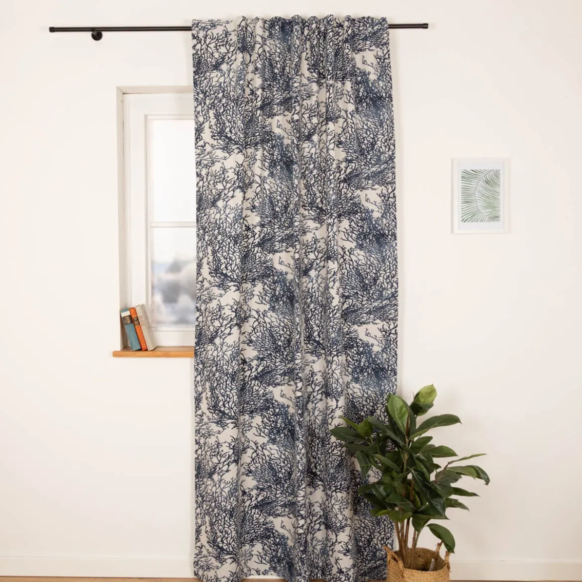 Vorhang Korallen natur blau mit Smok-Schlaufenband 245x130cm (HxB) oder Wunschmaß von SCHÖNER LEBEN.