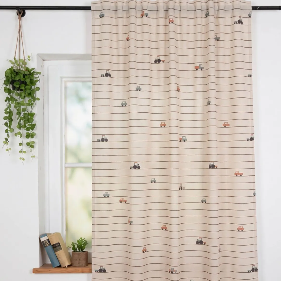 Vorhang Leinenlook Fahrzeuge Streifen natur bunt mit Smok-Schlaufenband 245x130cm (HxB) oder Wunschmaß von SCHÖNER LEBEN.