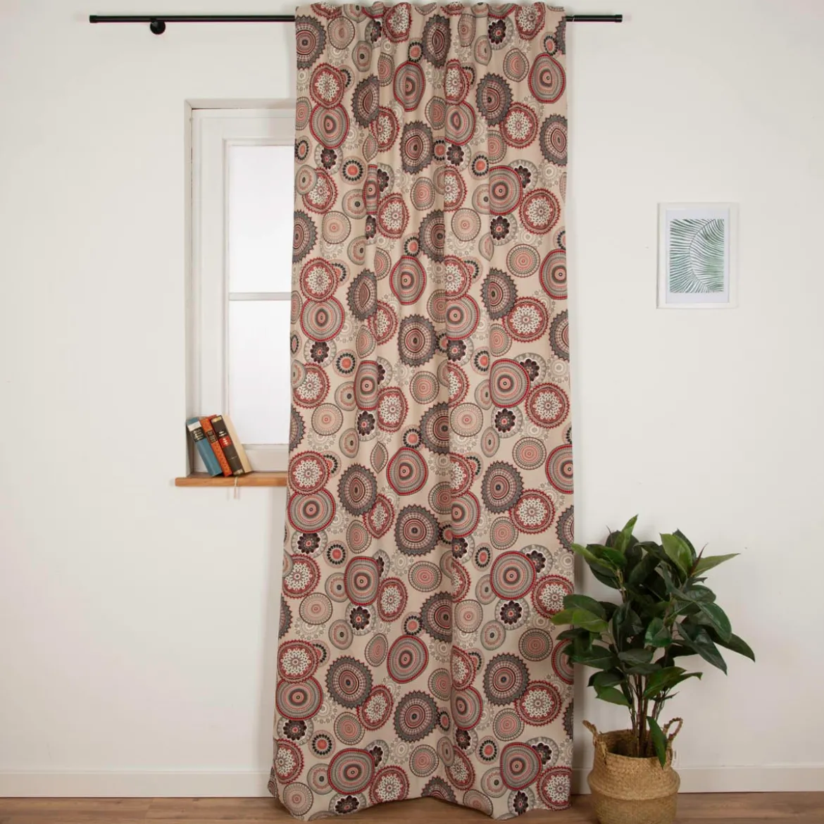 Vorhang Leinenlook Mandalas natur rot schwarz mit Smok-Schlaufenband 245x130cm (HxB) oder Wunschmaß von SCHÖNER LEBEN.