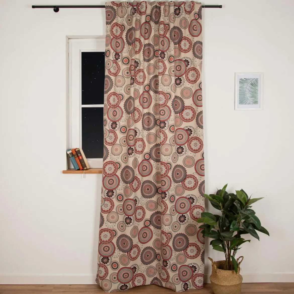 Vorhang Leinenlook Mandalas natur rot schwarz mit Smok-Schlaufenband 245x130cm (HxB) oder Wunschmaß von SCHÖNER LEBEN.