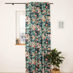 Vorhang Leinenstruktur Kranich Blumen türkisblau rot mit Smok-Schlaufenband 245x130cm (HxB) oder Wunschmaß von SCHÖNER LEBEN.