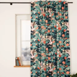 Vorhang Leinenstruktur Kranich Blumen türkisblau rot mit Smok-Schlaufenband 245x130cm (HxB) oder Wunschmaß von SCHÖNER LEBEN.