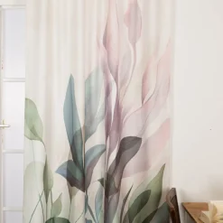 Vorhang mit Schlaufenband Leinenoptik Blätter ecru grün flieder 140x245cm