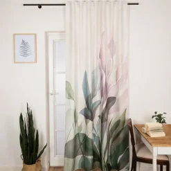 Vorhang mit Schlaufenband Leinenoptik Blätter ecru grün flieder 140x245cm