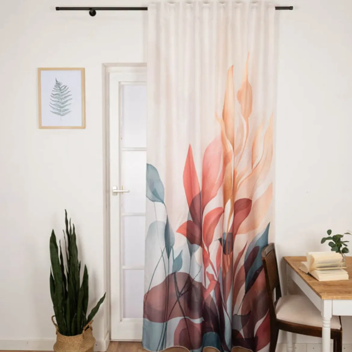 Vorhang mit Schlaufenband Leinenoptik Blätter ecru blau rot 140x245cm