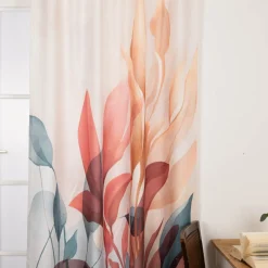 Vorhang mit Schlaufenband Leinenoptik Blätter ecru blau rot 140x245cm