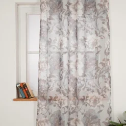 Vorhang mit Ösen halbtransparent Leinenstruktur Blumen grau 135x245cm