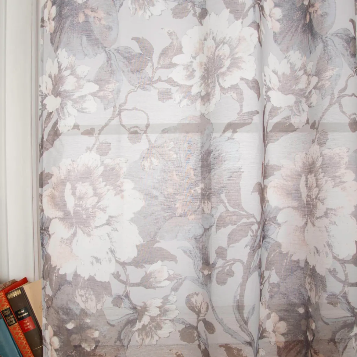 Vorhang mit Ösen halbtransparent Leinenstruktur Blumen grau 135x245cm