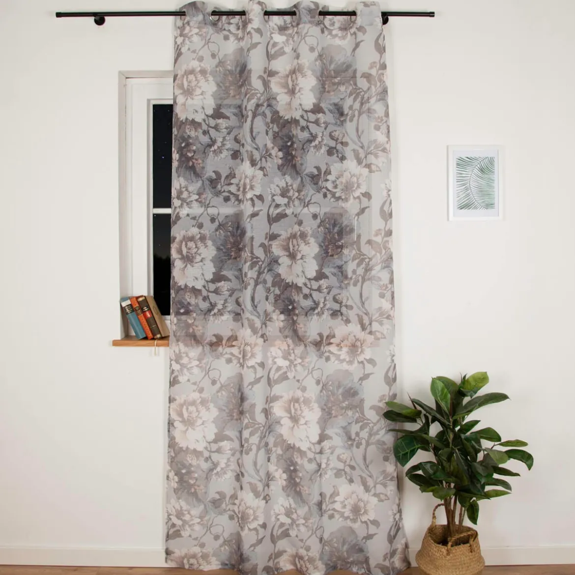 Vorhang mit Ösen halbtransparent Leinenstruktur Blumen grau 135x245cm