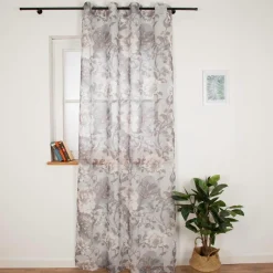 Vorhang mit Ösen halbtransparent Leinenstruktur Blumen grau 135x245cm