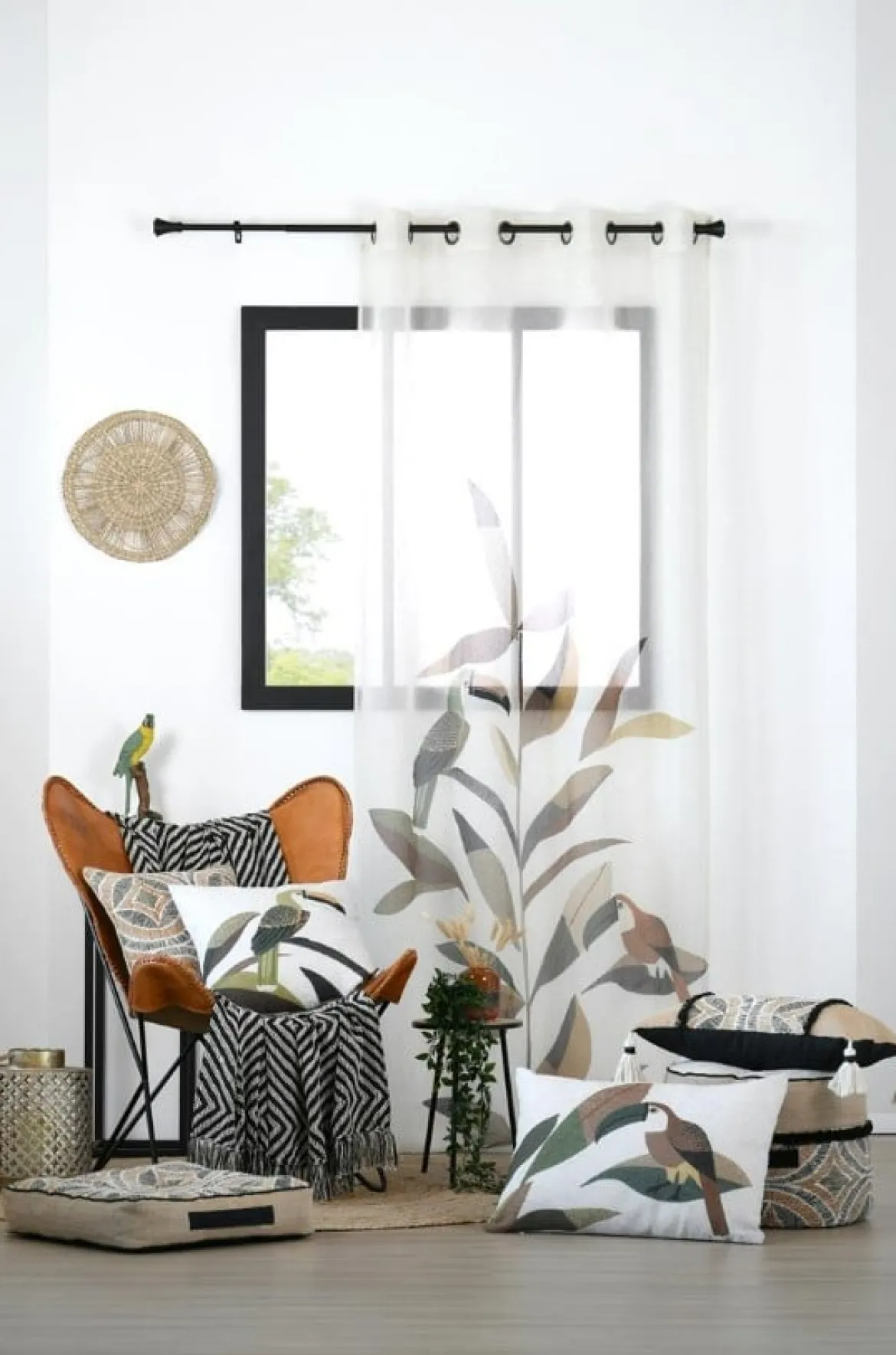 Vorhang mit Ösen Voile Tukan Blätter Leinenoptik 140x260cm