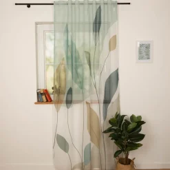 Vorhang Schlaufenbandschal Blätter grün weiß transparent 140x245cm (BxH)
