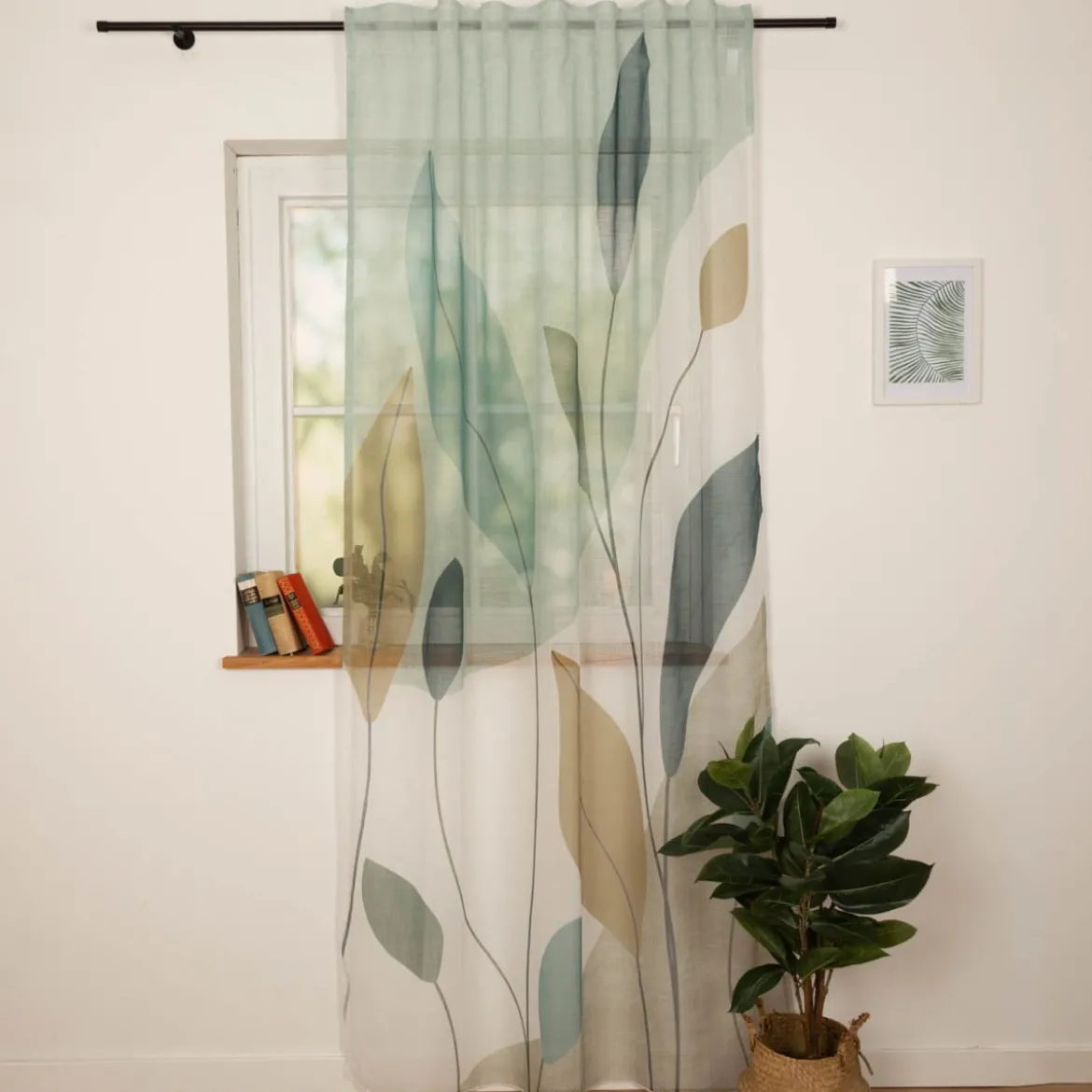 Vorhang Schlaufenbandschal Blätter grün weiß transparent 140x245cm (BxH)