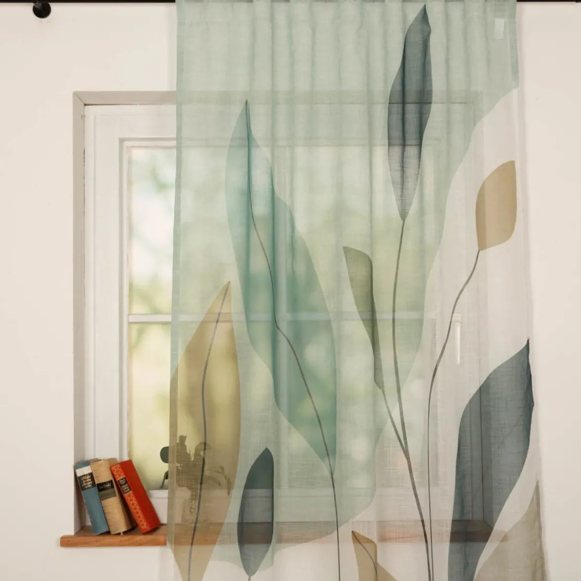 Vorhang Schlaufenbandschal Blätter grün weiß transparent 140x245cm (BxH)