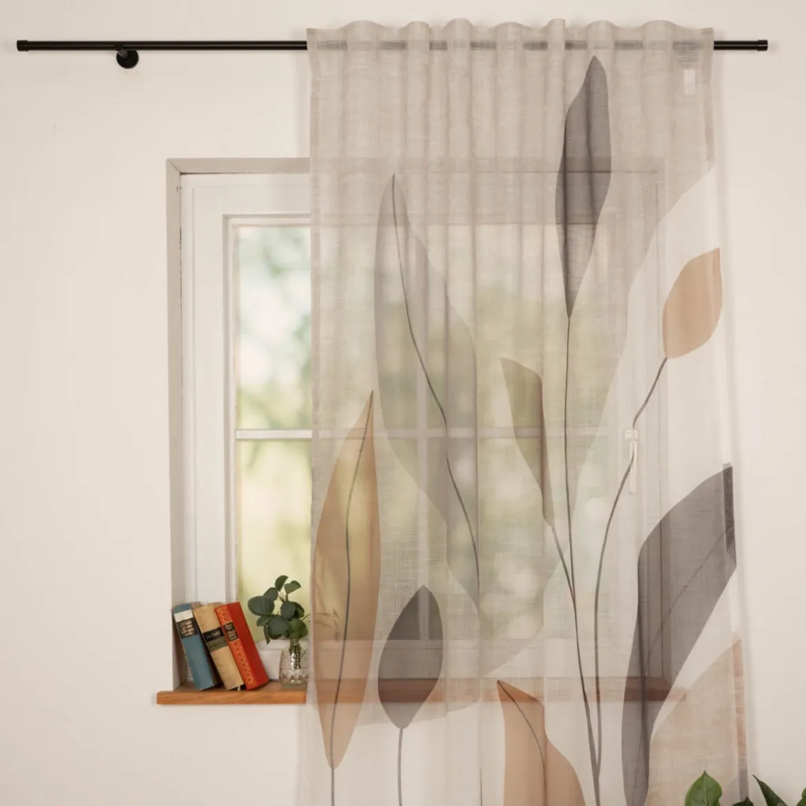 Vorhang Schlaufenbandschal Blätter grau beige weiß aubergine transparent 140x245cm (BxH)