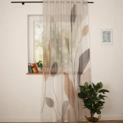 Vorhang Schlaufenbandschal Blätter grau beige weiß aubergine transparent 140x245cm (BxH)
