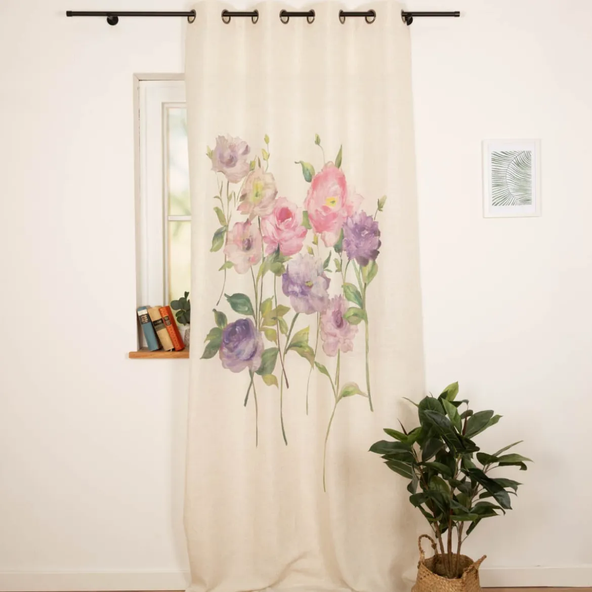 Vorhang Ösenvorhang Leinenstruktur Rosen natur rosa lila 140x260cm