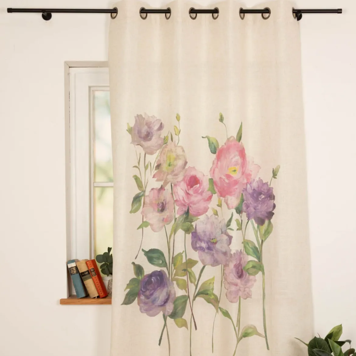 Vorhang Ösenvorhang Leinenstruktur Rosen natur rosa lila 140x260cm