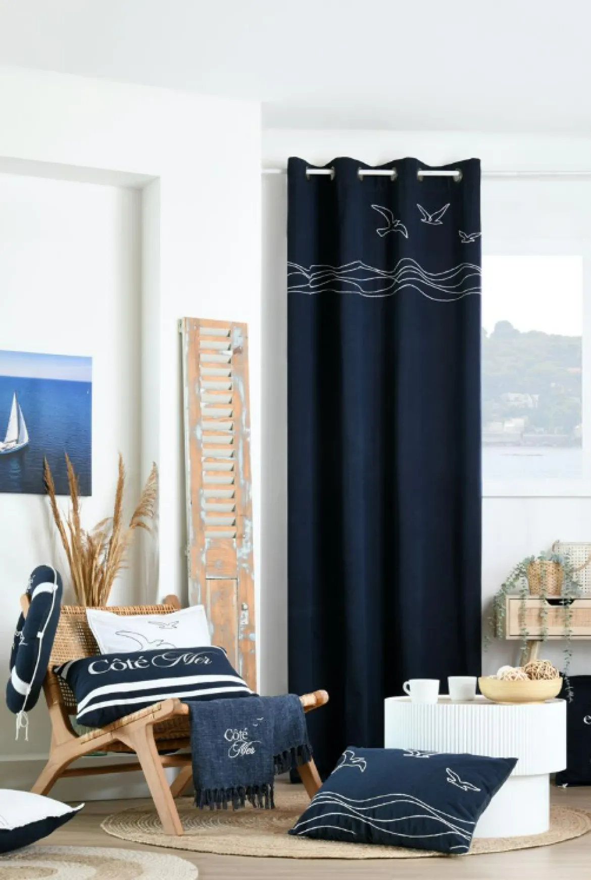 Vorhang Ösenvorhang Maritim Möwen jeansblau meliert weiß 140x260cm